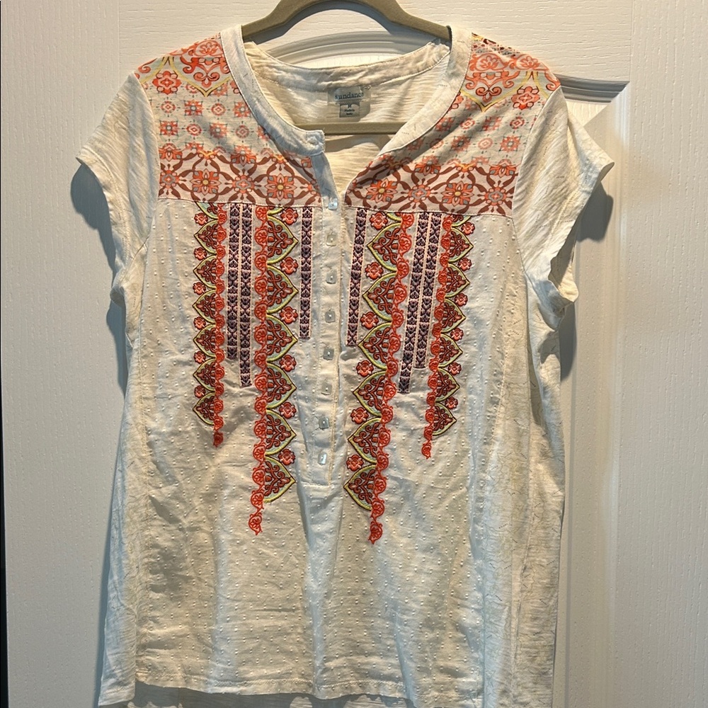 Sundance White Blouse with Orange Embroidery